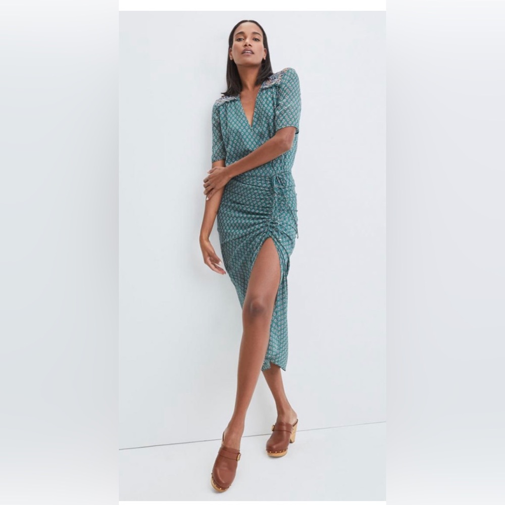 Veronica beard mariposa green  silk chiffon midi dress;